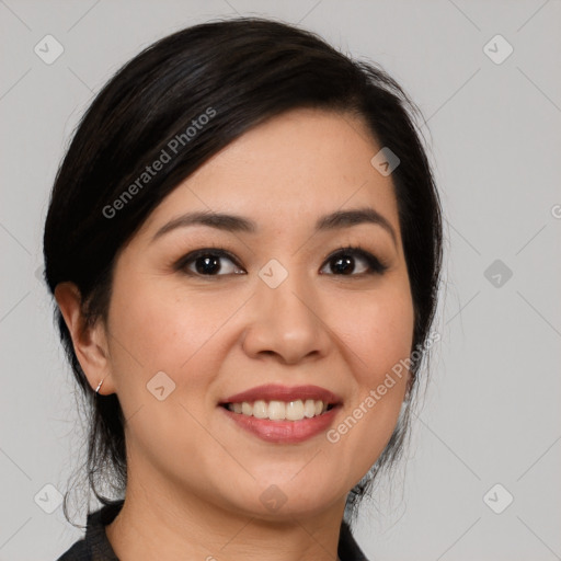 Joyful white young-adult female with medium  black hair and brown eyes