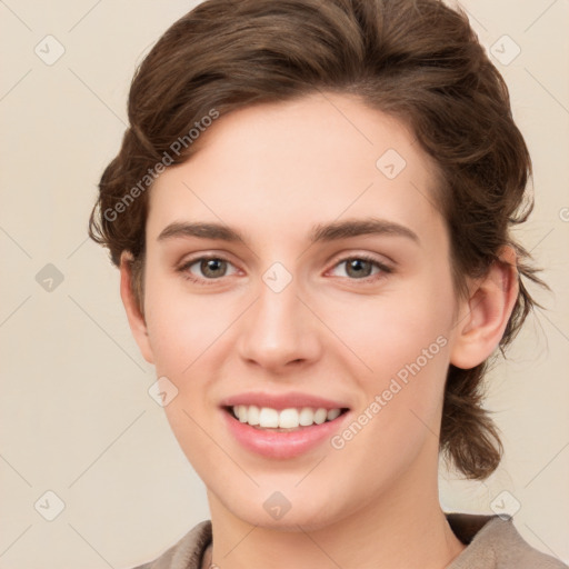 Joyful white young-adult female with medium  brown hair and green eyes