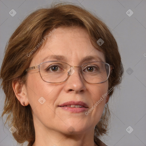 Joyful white middle-aged female with medium  brown hair and brown eyes