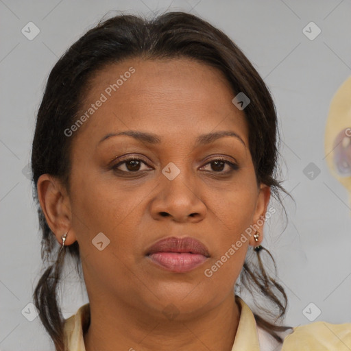 Joyful black adult female with medium  brown hair and brown eyes