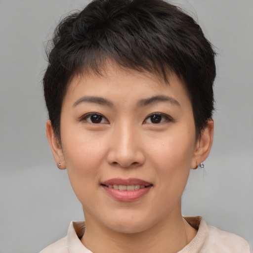 Joyful asian young-adult female with short  brown hair and brown eyes