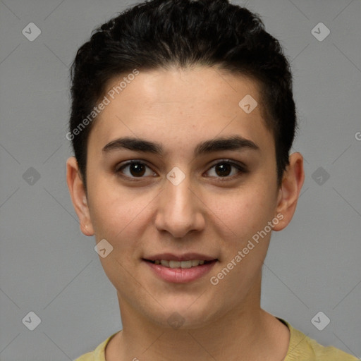 Joyful white young-adult female with short  brown hair and brown eyes