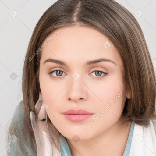 Neutral white young-adult female with medium  brown hair and brown eyes