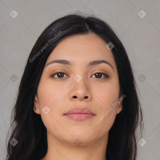 Neutral asian young-adult female with long  black hair and brown eyes