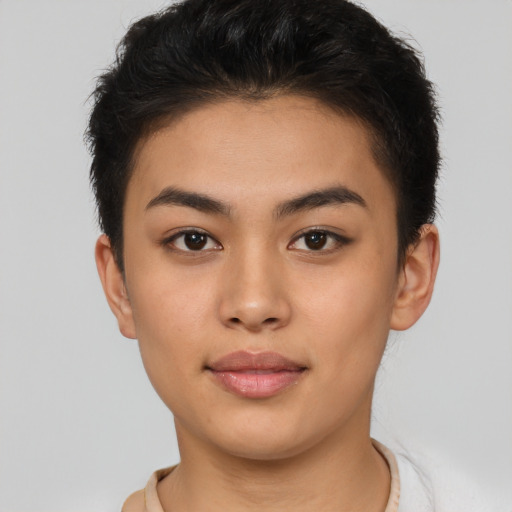 Neutral latino young-adult female with short  brown hair and brown eyes