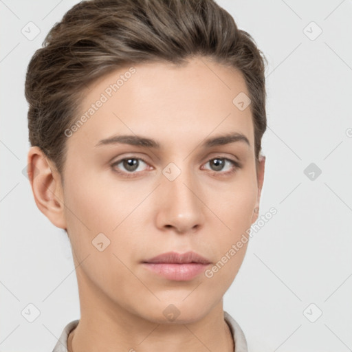 Neutral white young-adult female with short  brown hair and brown eyes