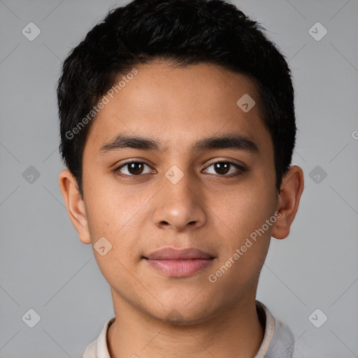 Neutral latino young-adult male with short  black hair and brown eyes