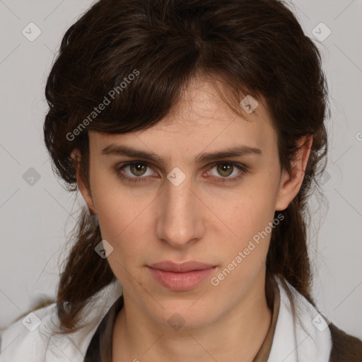 Neutral white young-adult female with medium  brown hair and brown eyes