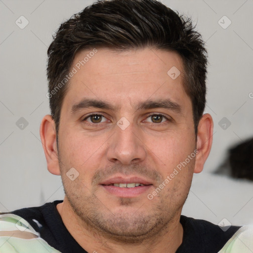 Joyful white young-adult male with short  brown hair and brown eyes