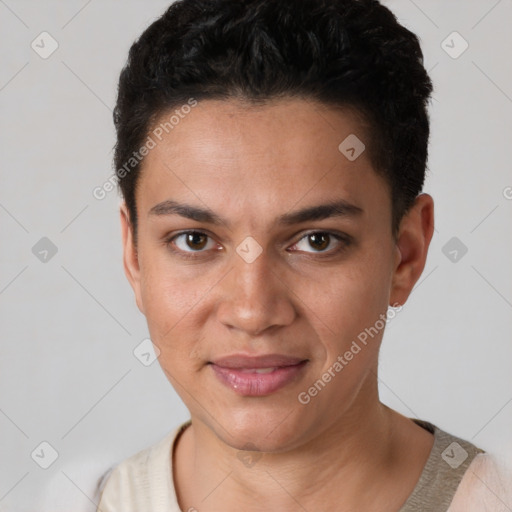 Joyful white young-adult female with short  black hair and brown eyes