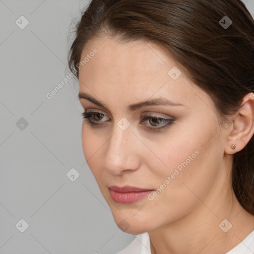 Neutral white young-adult female with medium  brown hair and brown eyes