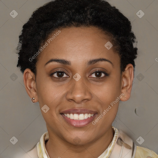 Joyful latino young-adult female with short  brown hair and brown eyes