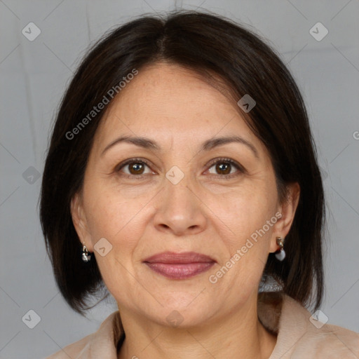 Joyful white adult female with medium  brown hair and brown eyes