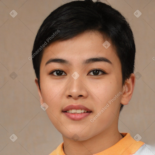 Neutral asian young-adult female with short  black hair and brown eyes