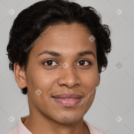 Joyful latino adult female with short  brown hair and brown eyes