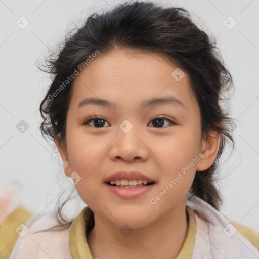 Joyful white child female with medium  brown hair and brown eyes