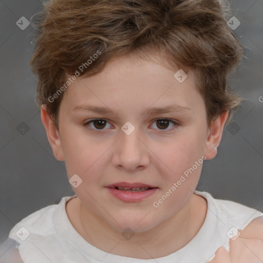 Joyful white child female with short  brown hair and brown eyes