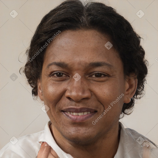 Joyful latino adult female with short  brown hair and brown eyes