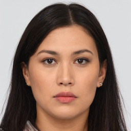 Neutral asian young-adult female with long  brown hair and brown eyes