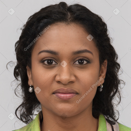 Joyful black young-adult female with long  brown hair and brown eyes