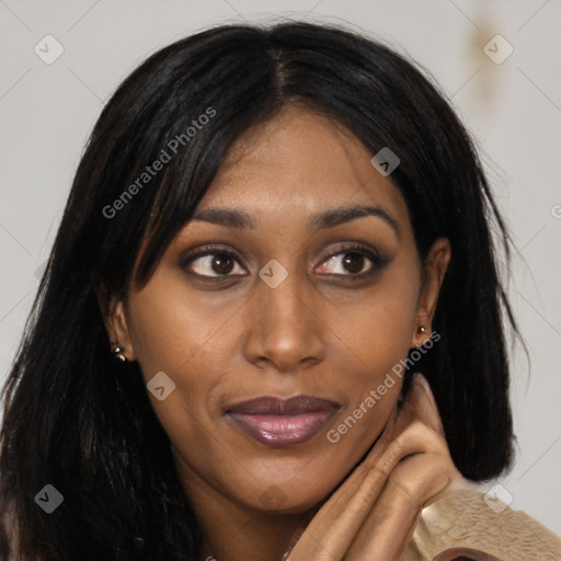 Joyful white young-adult female with long  brown hair and brown eyes