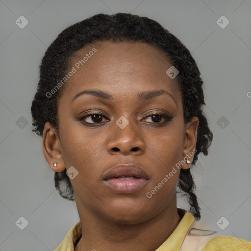 Neutral black young-adult female with short  brown hair and brown eyes