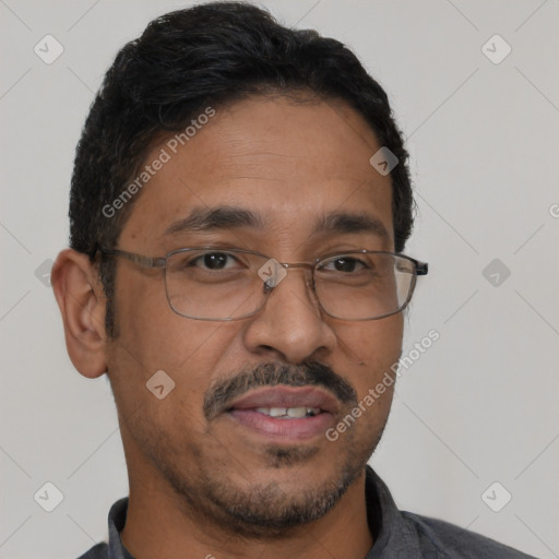 Joyful latino adult male with short  brown hair and brown eyes