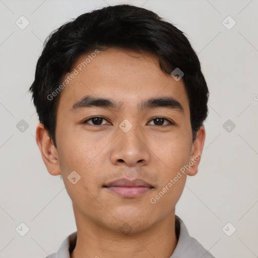 Neutral asian young-adult male with short  black hair and brown eyes