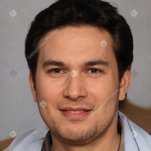 Joyful white adult male with short  brown hair and brown eyes