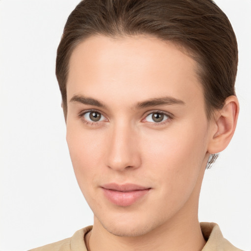 Neutral white young-adult female with short  brown hair and brown eyes