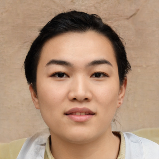 Neutral asian young-adult female with short  black hair and brown eyes