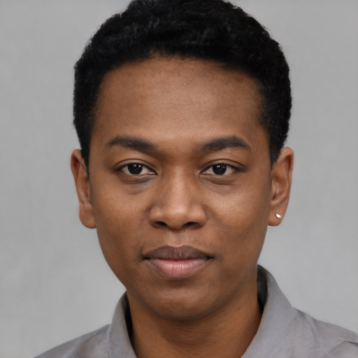Neutral black young-adult male with short  black hair and brown eyes