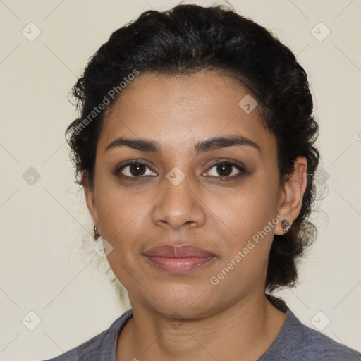 Joyful latino young-adult female with medium  black hair and brown eyes