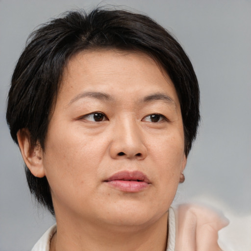 Neutral asian adult female with short  brown hair and brown eyes