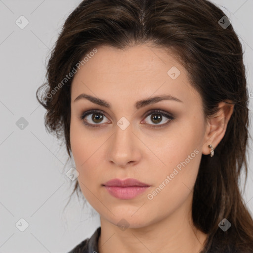 Neutral white young-adult female with medium  brown hair and brown eyes