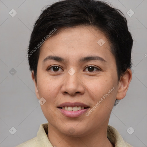 Joyful asian young-adult female with short  brown hair and brown eyes