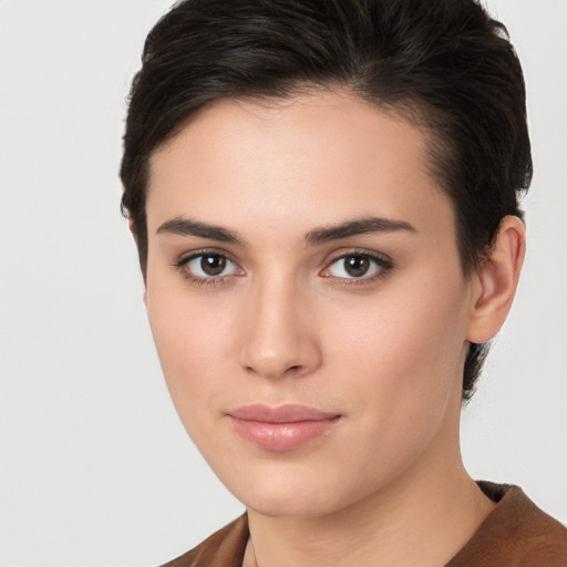 Neutral white young-adult female with short  brown hair and brown eyes