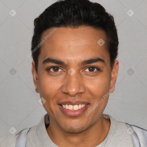 Joyful white young-adult male with short  black hair and brown eyes