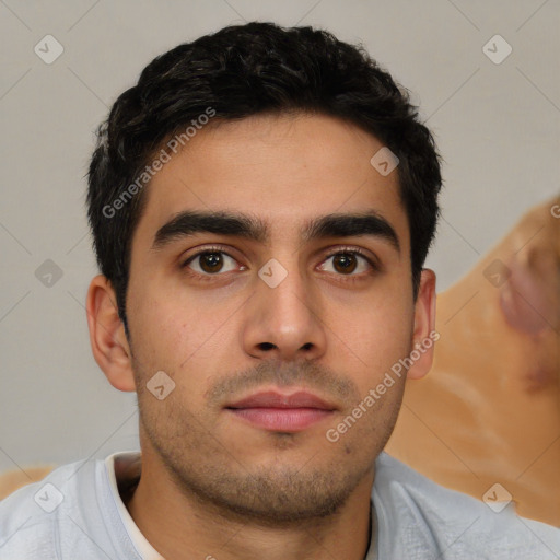 Neutral white young-adult male with short  brown hair and brown eyes