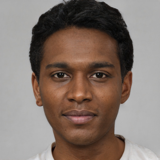 Neutral black young-adult male with short  black hair and brown eyes