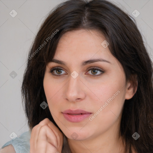 Neutral white young-adult female with medium  brown hair and brown eyes