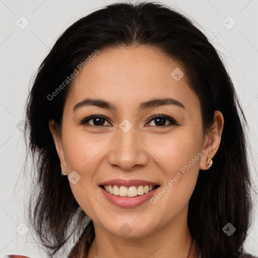 Joyful white young-adult female with long  brown hair and brown eyes