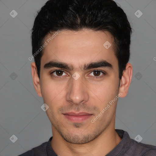 Neutral white young-adult male with short  brown hair and brown eyes