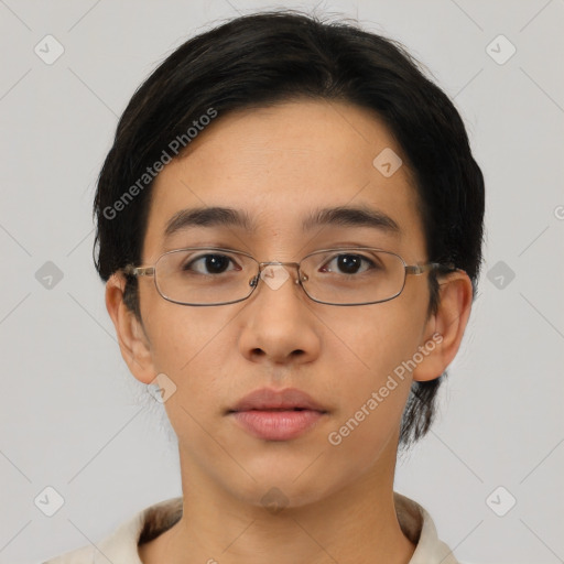 Neutral asian young-adult female with short  black hair and brown eyes