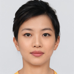 Neutral asian young-adult female with short  brown hair and brown eyes