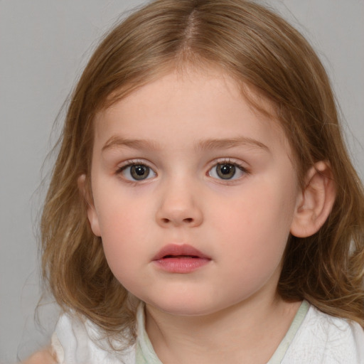 Neutral white child female with medium  brown hair and blue eyes