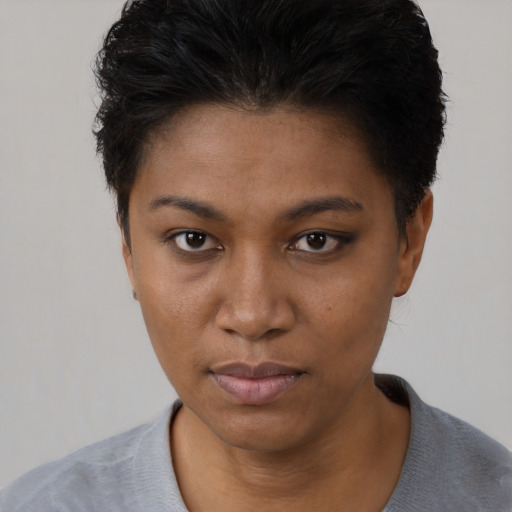 Neutral black young-adult female with short  black hair and brown eyes