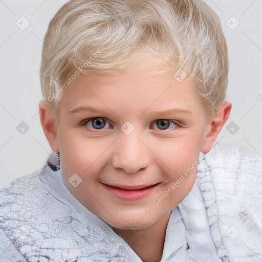 Joyful white child female with short  brown hair and blue eyes