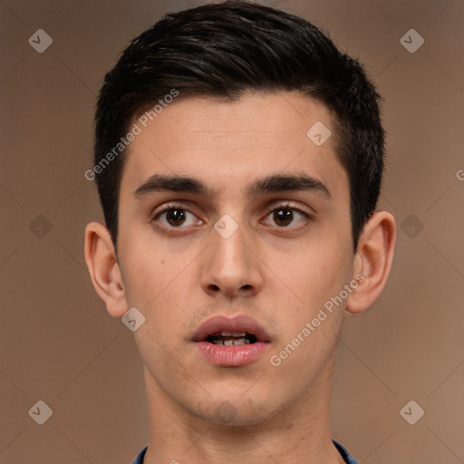 Neutral white young-adult male with short  brown hair and brown eyes