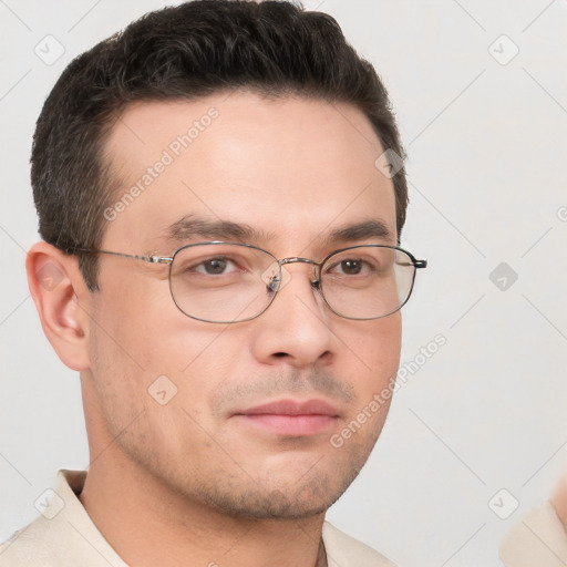 Neutral white young-adult male with short  brown hair and brown eyes